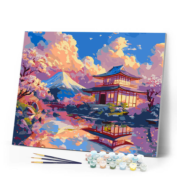 Paint by numbers kit Temple View with Mount Fuji Figured'Art