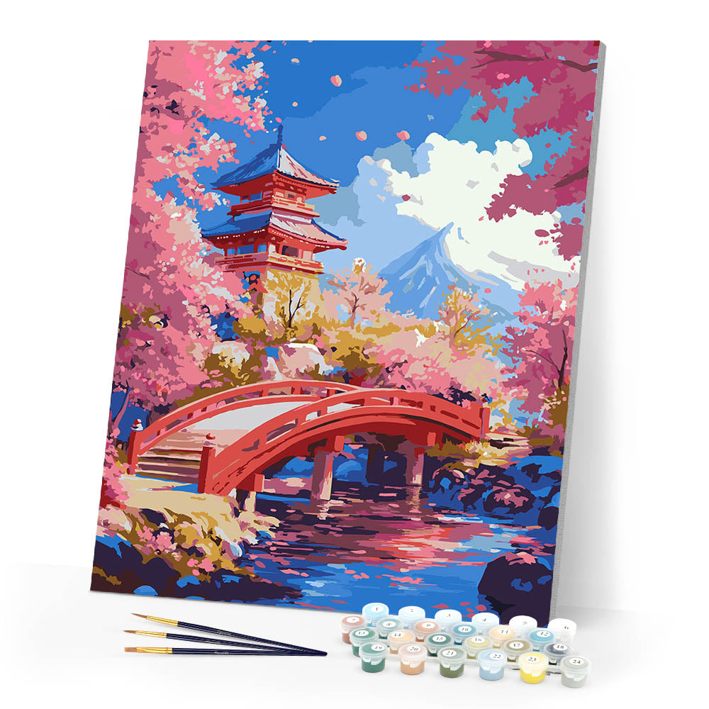Paint by numbers kit Red Bridge and Cherry Blossoms Figured'Art