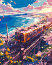Load image into Gallery viewer, Paint by numbers kit Sakura Railway by the Ocean Figured'Art