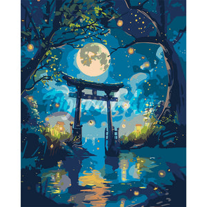 Moonlit Torii and Fireflies