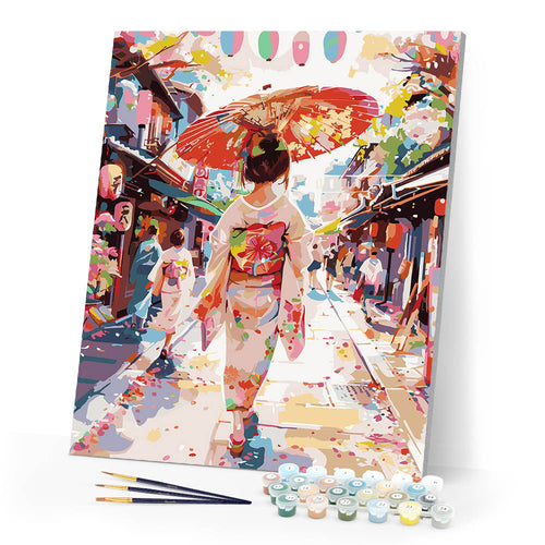 Paint by numbers kit Yukata Girl on Festive Street Figured'Art