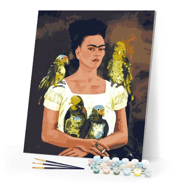 Paint by numbers kit Frida - Me and My Parrots Figured'Art