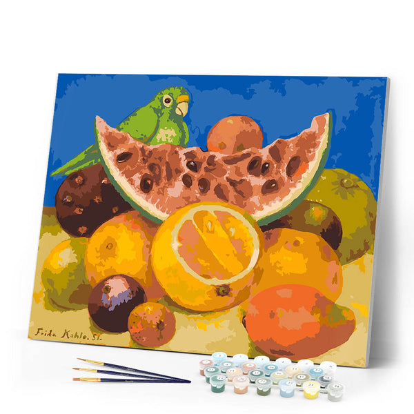 Paint by numbers kit Frida - Still Life with Parrot and Fruit Figured'Art