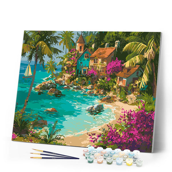 Paint by numbers kit Tropical Seaside Village Figured'Art
