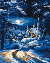 Load image into Gallery viewer, Paint by numbers kit Moonlight Winter Cottage Figured'Art