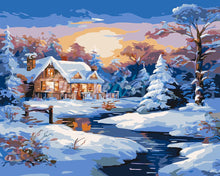 Load image into Gallery viewer, Paint by numbers kit Sunset Winter Cabin Figured'Art