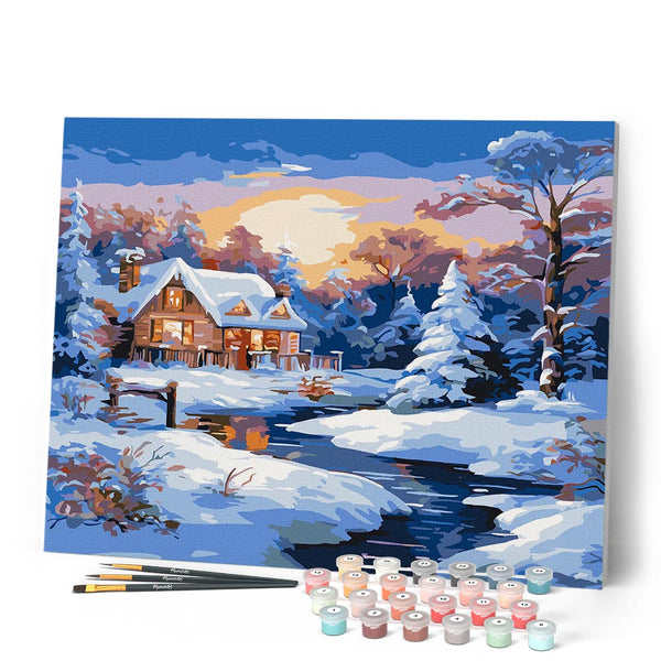 Paint by numbers kit Sunset Winter Cabin Figured'Art