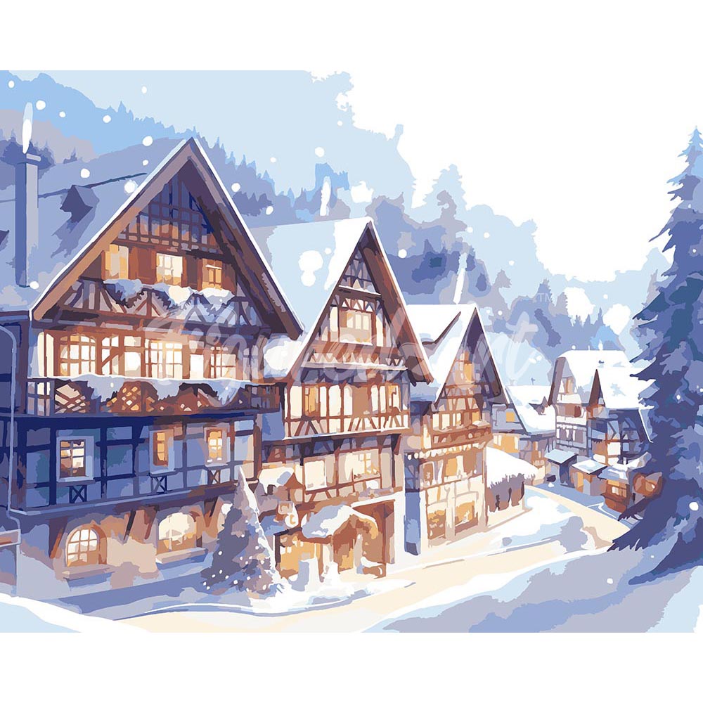 Snowy Village in Watercolor