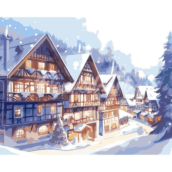Snowy Village in Watercolor