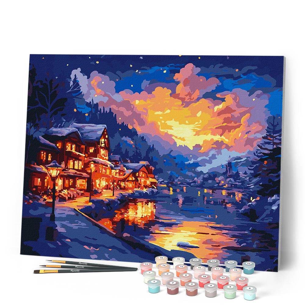 Paint by numbers kit for adults Glowing Lakeside Village Figured'Art