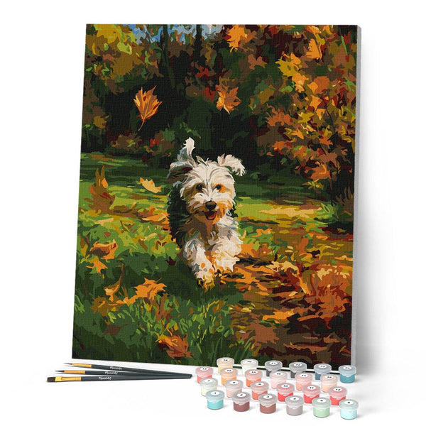 Paint by numbers kit for adults Joyful Pup in Fall Figured'Art