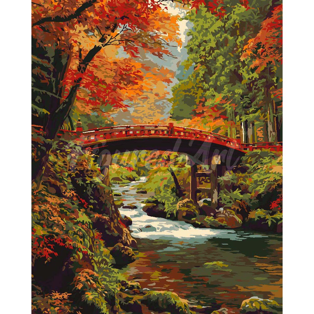 Red Bridge in Japan in Fall