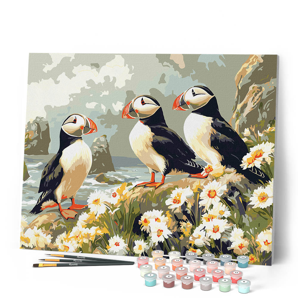 Paint by Numbers for adults - Puffin in daisy field – Figured'Art