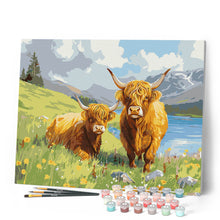Load image into Gallery viewer, Highland cow Family by the Lake