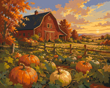 Load image into Gallery viewer, Paint by numbers kit Pumpkin Patch and Red Barn at Golden Hour Figured'Art