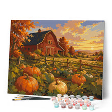 Load image into Gallery viewer, Pumpkin Patch and Red Barn at Golden Hour