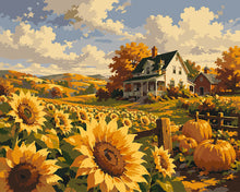 Load image into Gallery viewer, Paint by numbers kit Sunflower Field and White Farmhouse Figured'Art