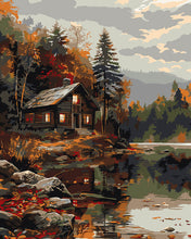 Load image into Gallery viewer, Paint by numbers kit Cozy Cabin by the Autumn Lake Figured'Art
