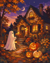 Load image into Gallery viewer, Paint by numbers kit Friendly Ghost at a Pumpkin Cottage Figured'Art