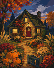 Load image into Gallery viewer, Paint by numbers kit Glowing Pumpkin Cottage at Dusk Figured'Art