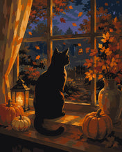 Load image into Gallery viewer, Paint by numbers kit Black Cat at a Pumpkin-Lit Window Figured'Art