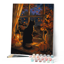 Load image into Gallery viewer, Black Cat at a Pumpkin-Lit Window