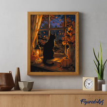 Load image into Gallery viewer, Black Cat at a Pumpkin-Lit Window