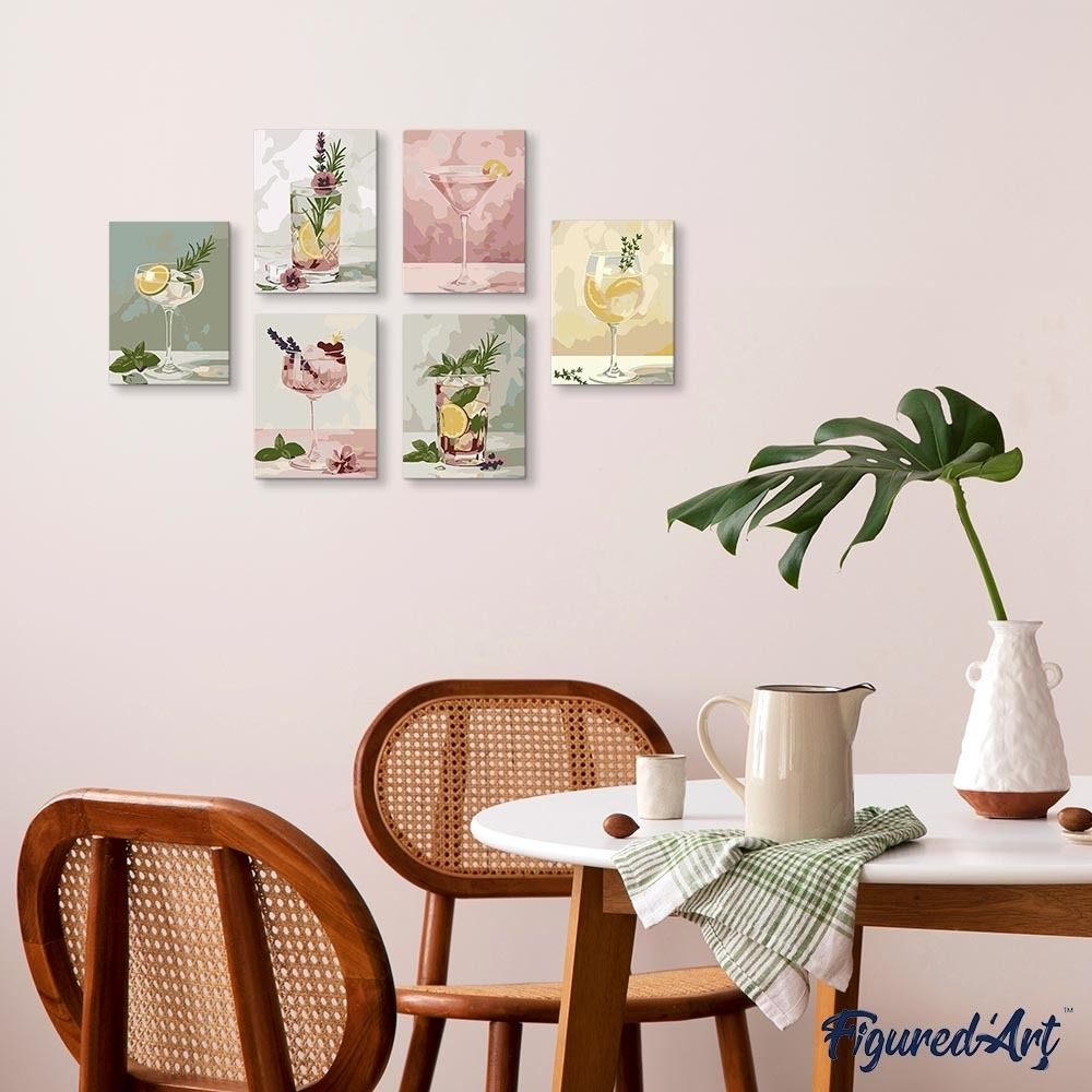 Mini Paint by numbers 6"x8" (6 pieces) - Botanical Drinks