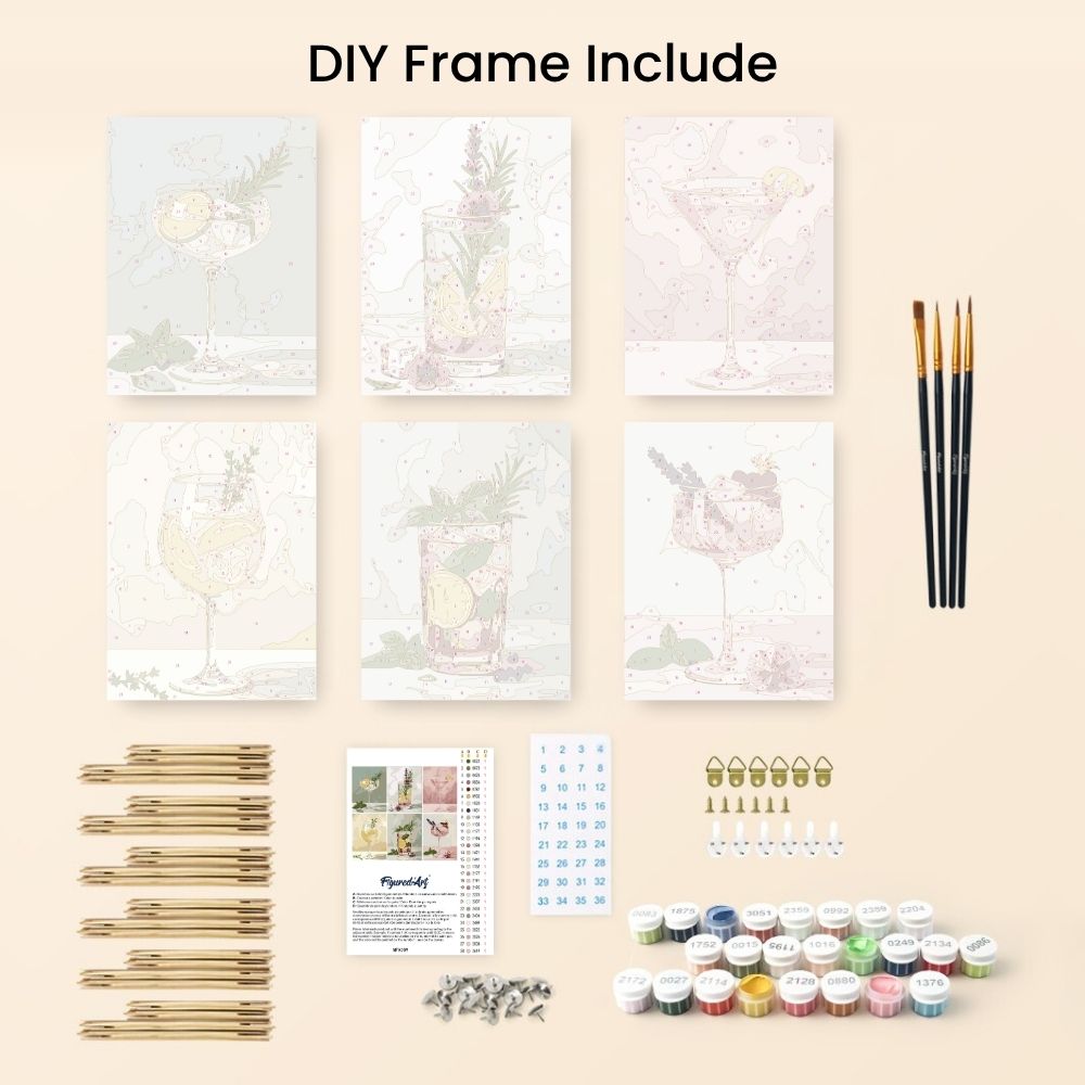 Mini Paint by numbers 6"x8" (6 pieces) - Botanical Drinks