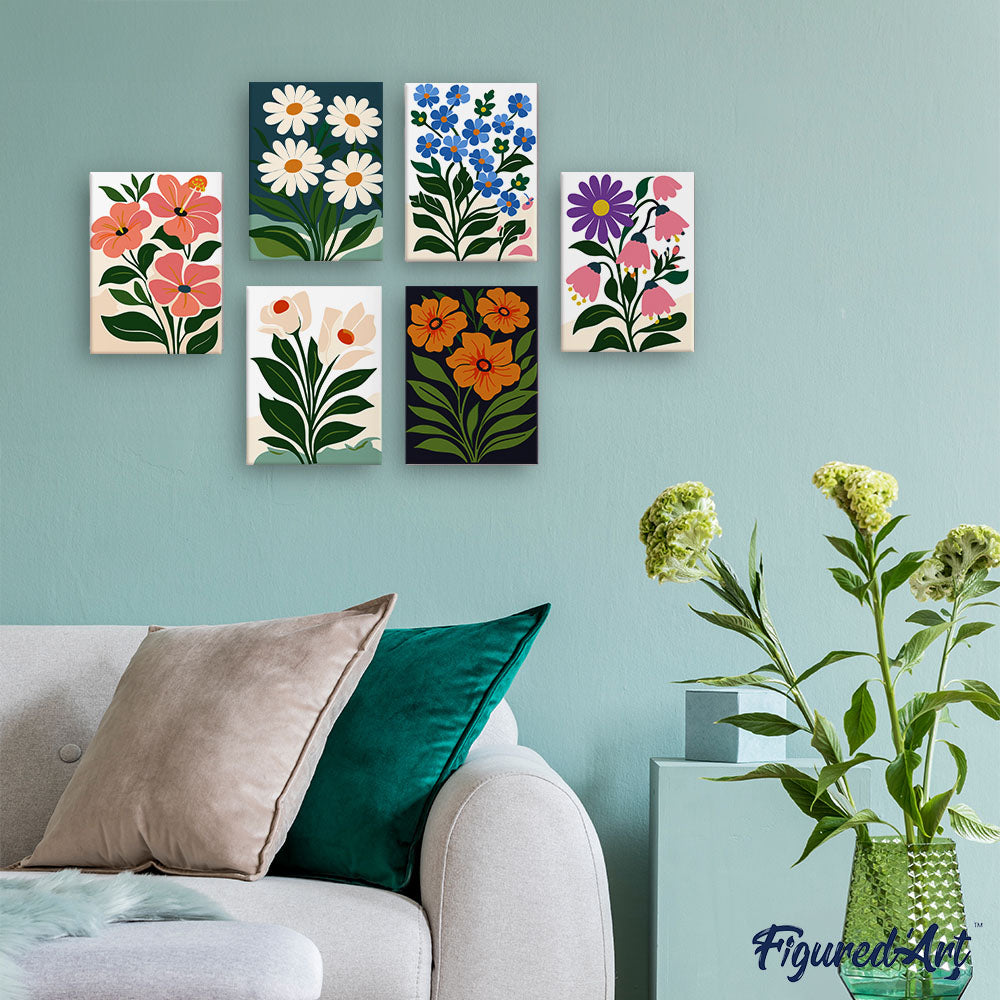 Mini Paint by numbers 6"x8" (6 pieces) - Graphic Flowers