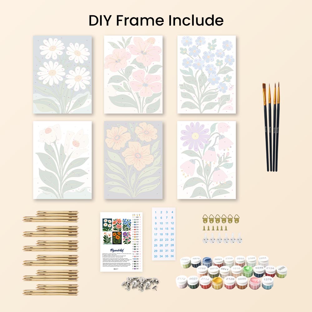 Mini Paint by numbers 6"x8" (6 pieces) - Graphic Flowers