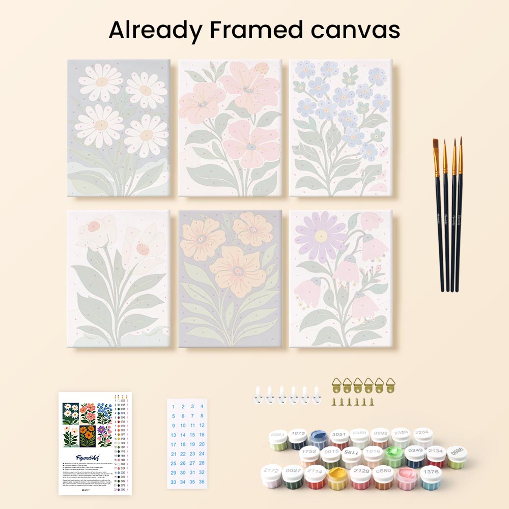 Mini Paint by numbers 6"x8" (6 pieces) - Graphic Flowers