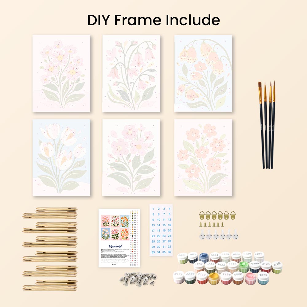 Mini Paint by numbers 6"x8" (6 pieces) - Spring Flowers