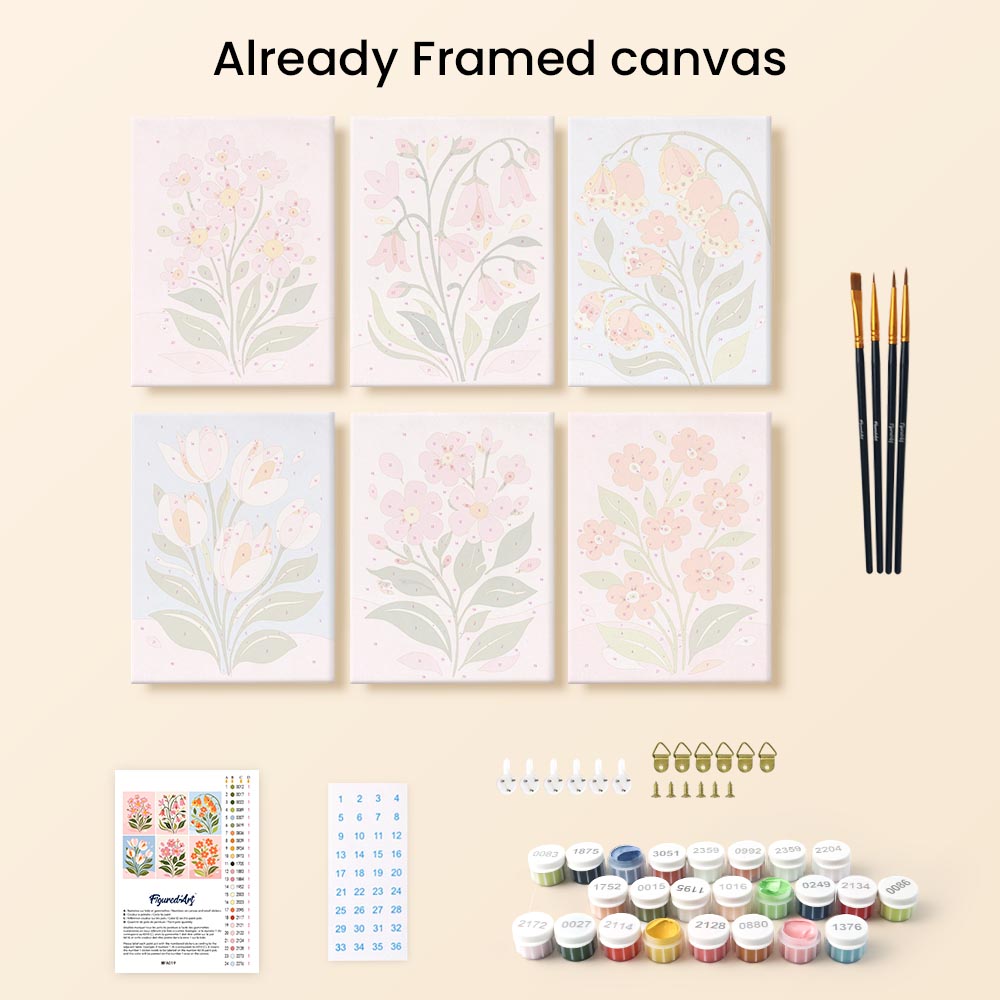 Mini Paint by numbers 6"x8" (6 pieces) - Spring Flowers