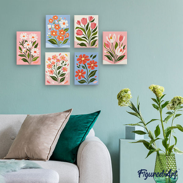 Mini Paint by numbers 6"x8" (6 pieces) - Country Flowers