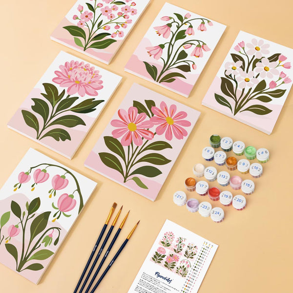Mini Paint by numbers 6"x8" (6 pieces) - Pink Flowers
