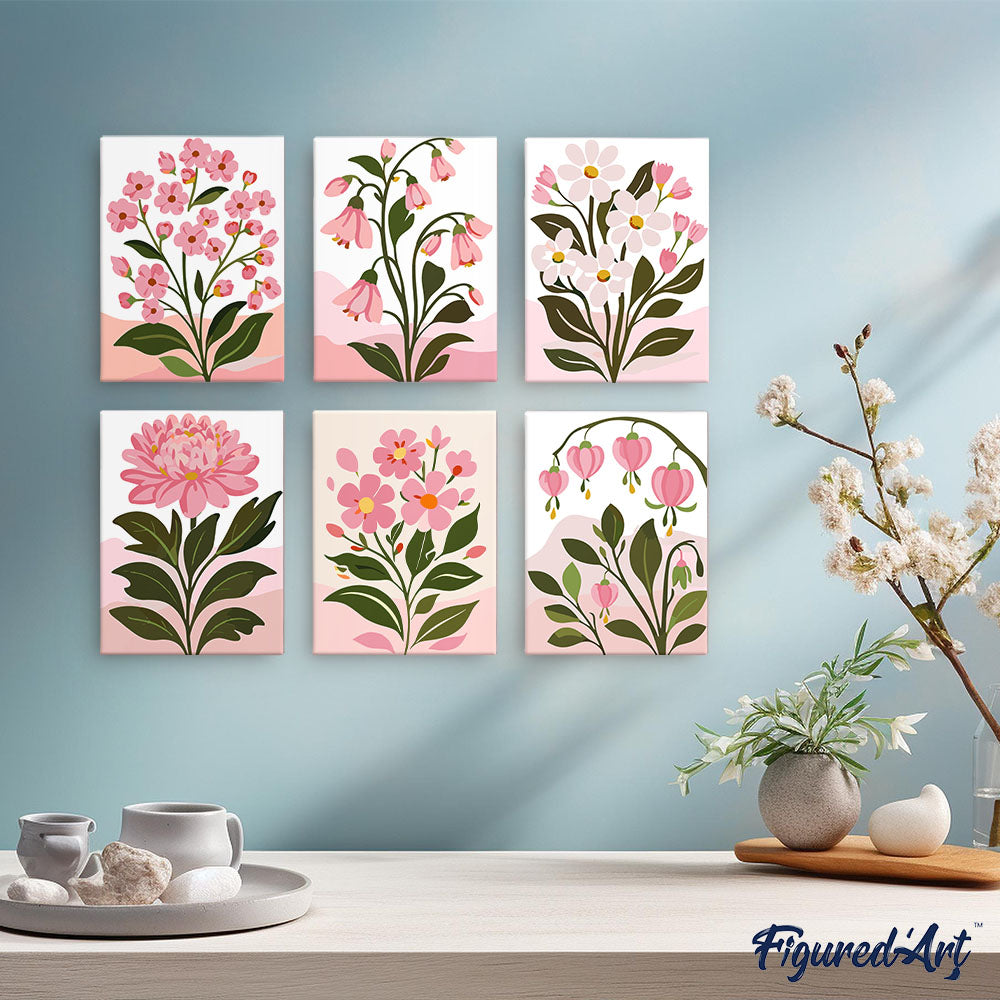 Mini Paint by numbers 6"x8" (6 pieces) - Pink Flowers