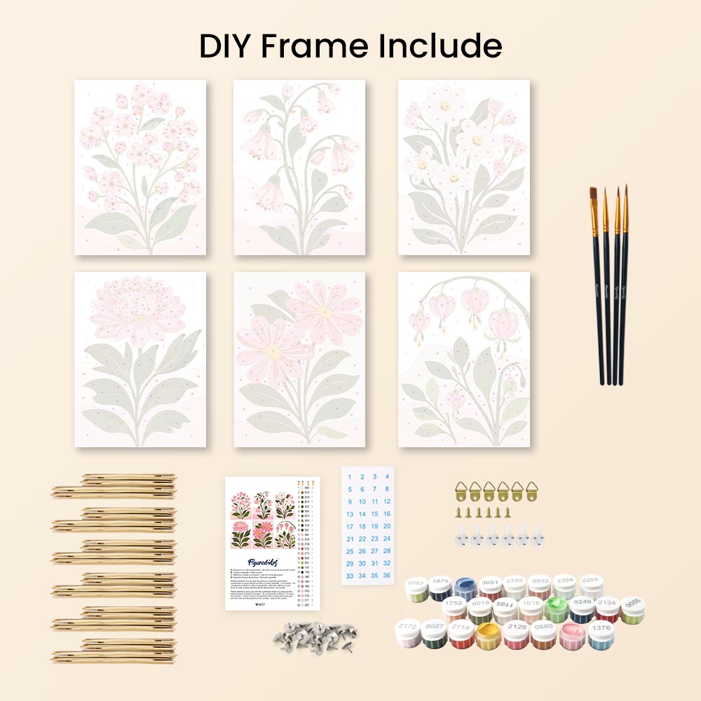 Mini Paint by numbers 6"x8" (6 pieces) - Pink Flowers