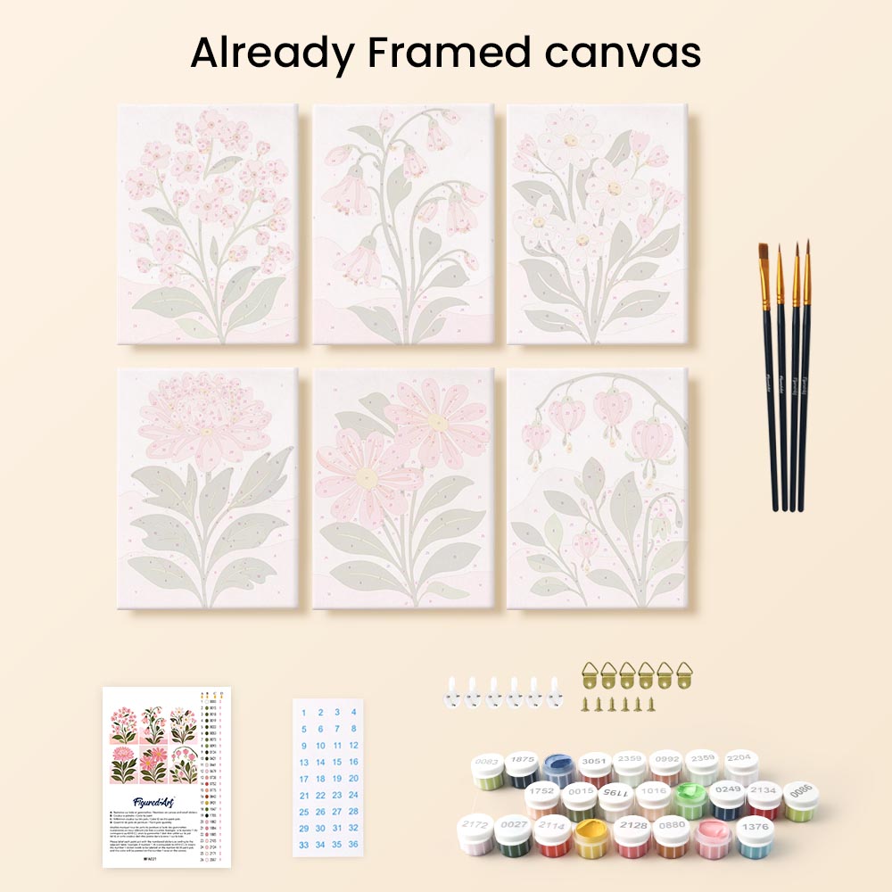 Mini Paint by numbers 6"x8" (6 pieces) - Pink Flowers