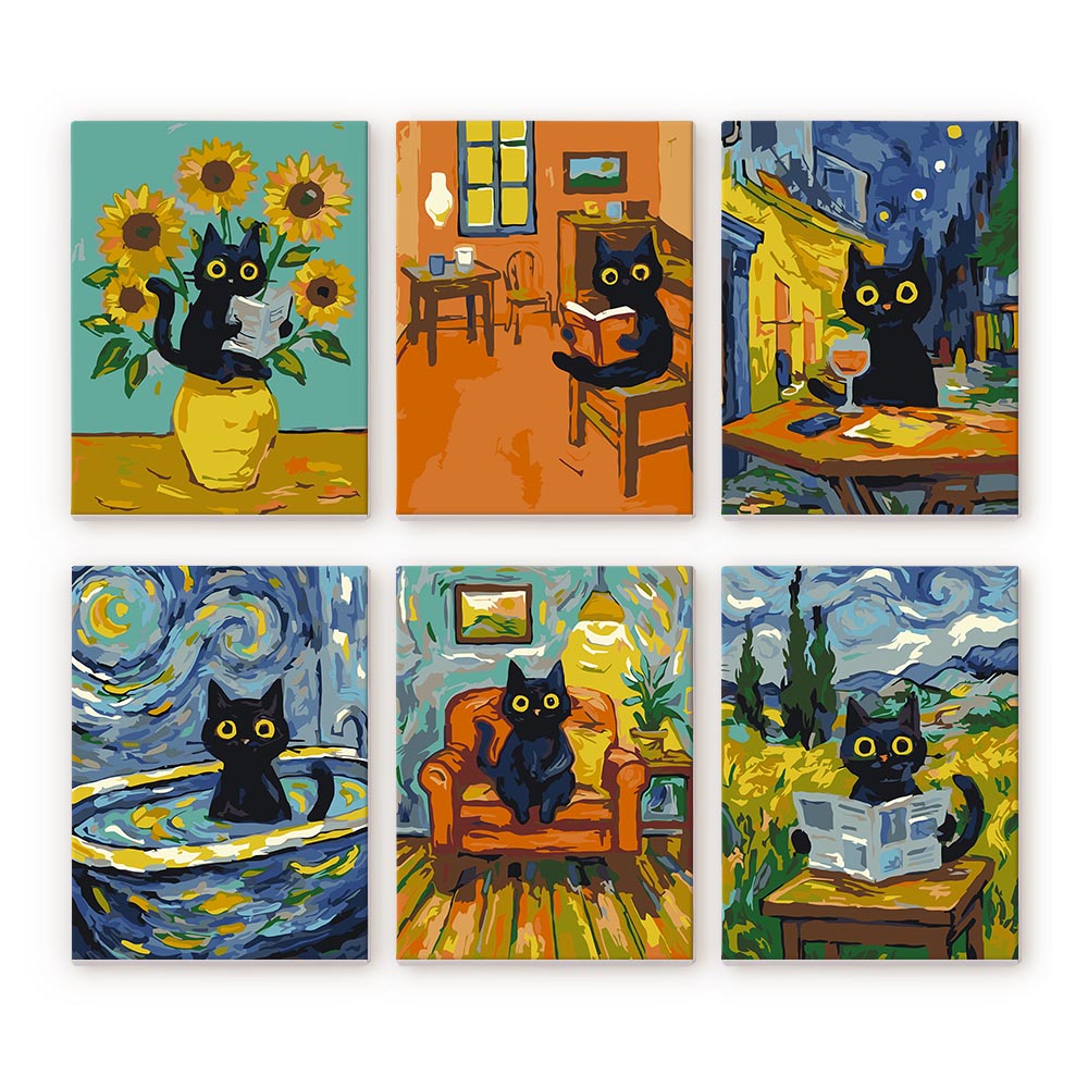 Mini Paint by numbers 6"x8" (6 pieces) - Van Gogh Style Cat Figured'Art