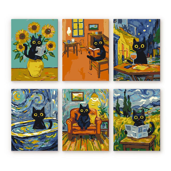 Mini Paint by numbers 6"x8" (6 pieces) - Van Gogh Style Cat Figured'Art