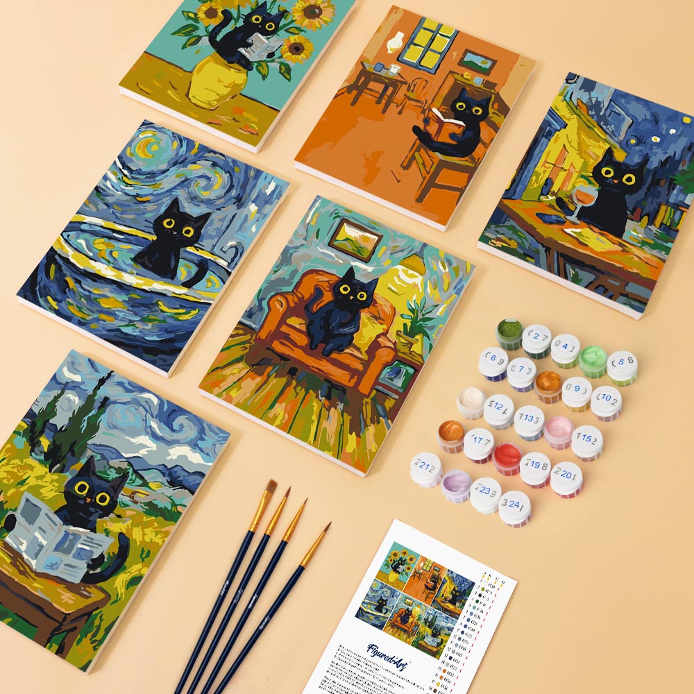 Mini Paint by numbers 6"x8" (6 pieces) - Van Gogh Style Cat