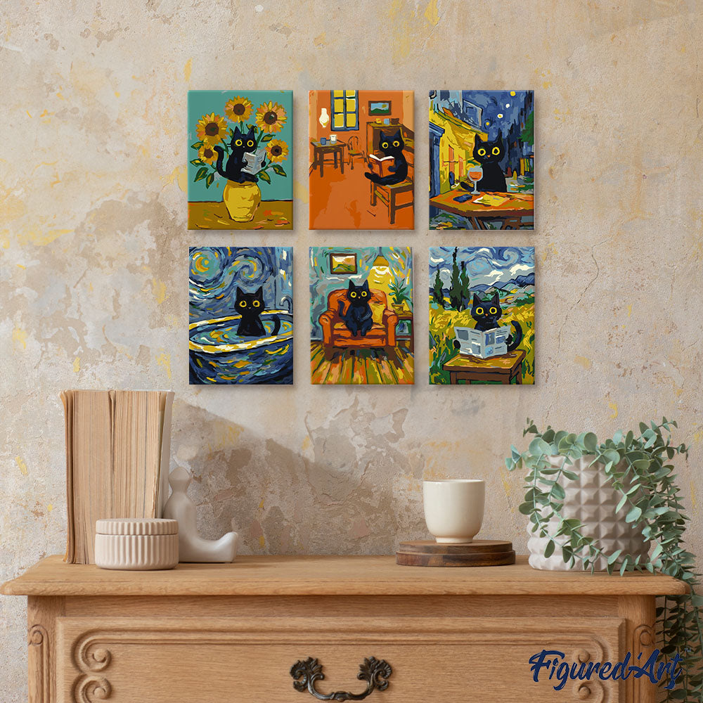 Mini Paint by numbers 6"x8" (6 pieces) - Van Gogh Style Cat