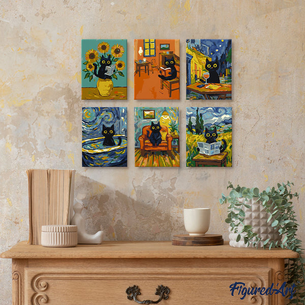 Mini Paint by numbers 6"x8" (6 pieces) - Van Gogh Style Cat