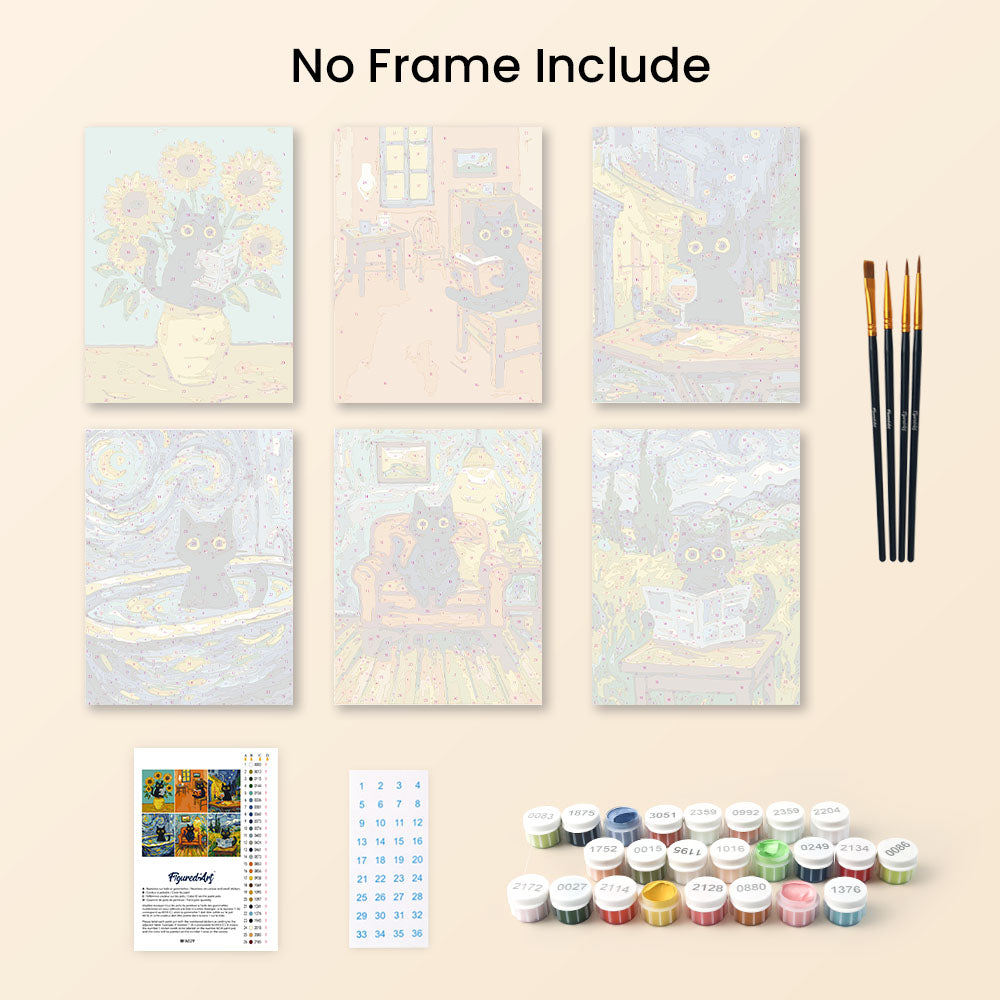 Mini Paint by numbers 6"x8" (6 pieces) - Van Gogh Style Cat