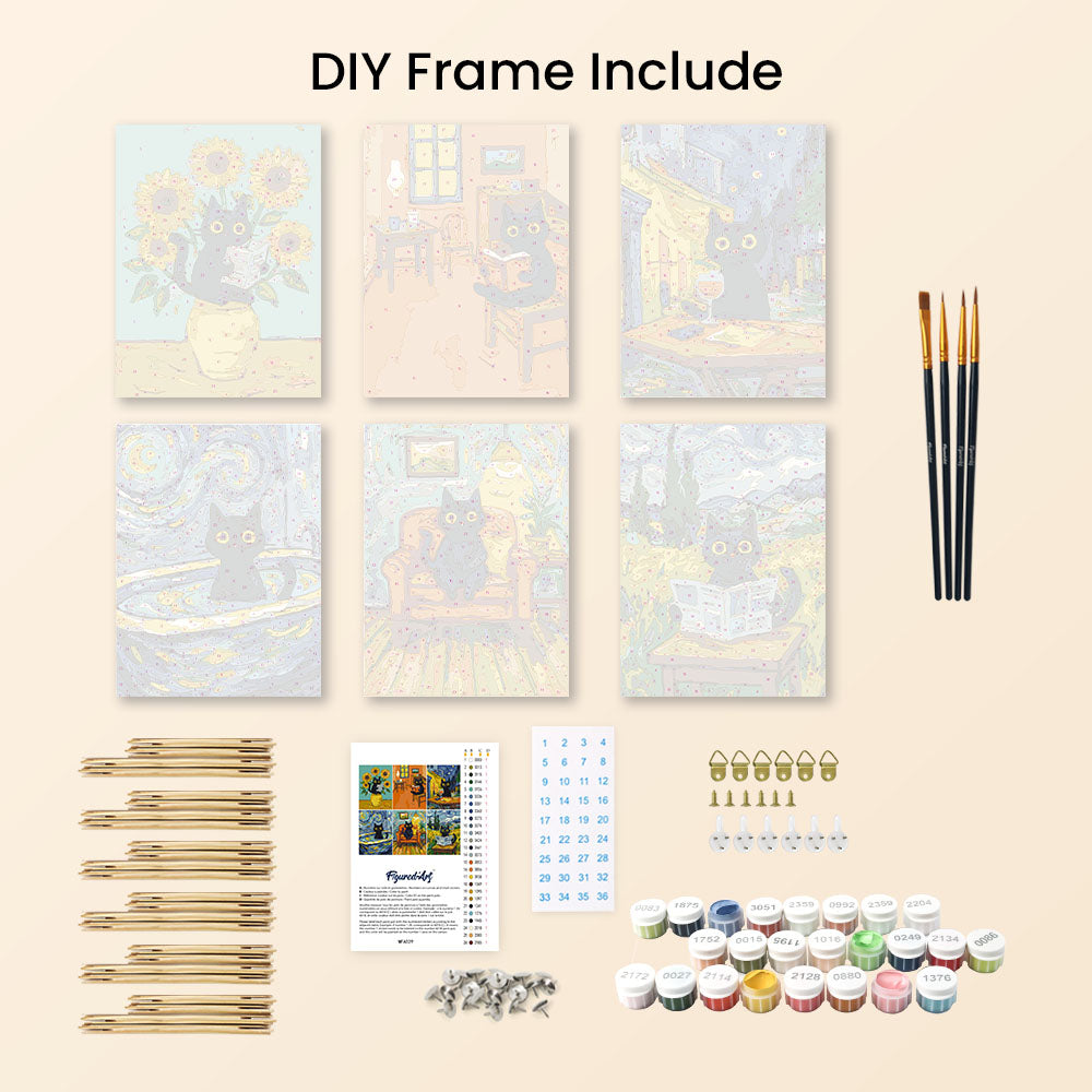 Mini Paint by numbers 6"x8" (6 pieces) - Van Gogh Style Cat