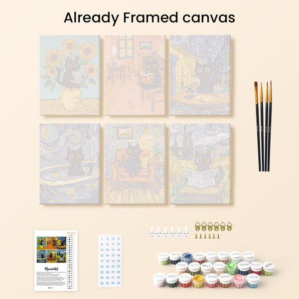 Mini Paint by numbers 6"x8" (6 pieces) - Van Gogh Style Cat