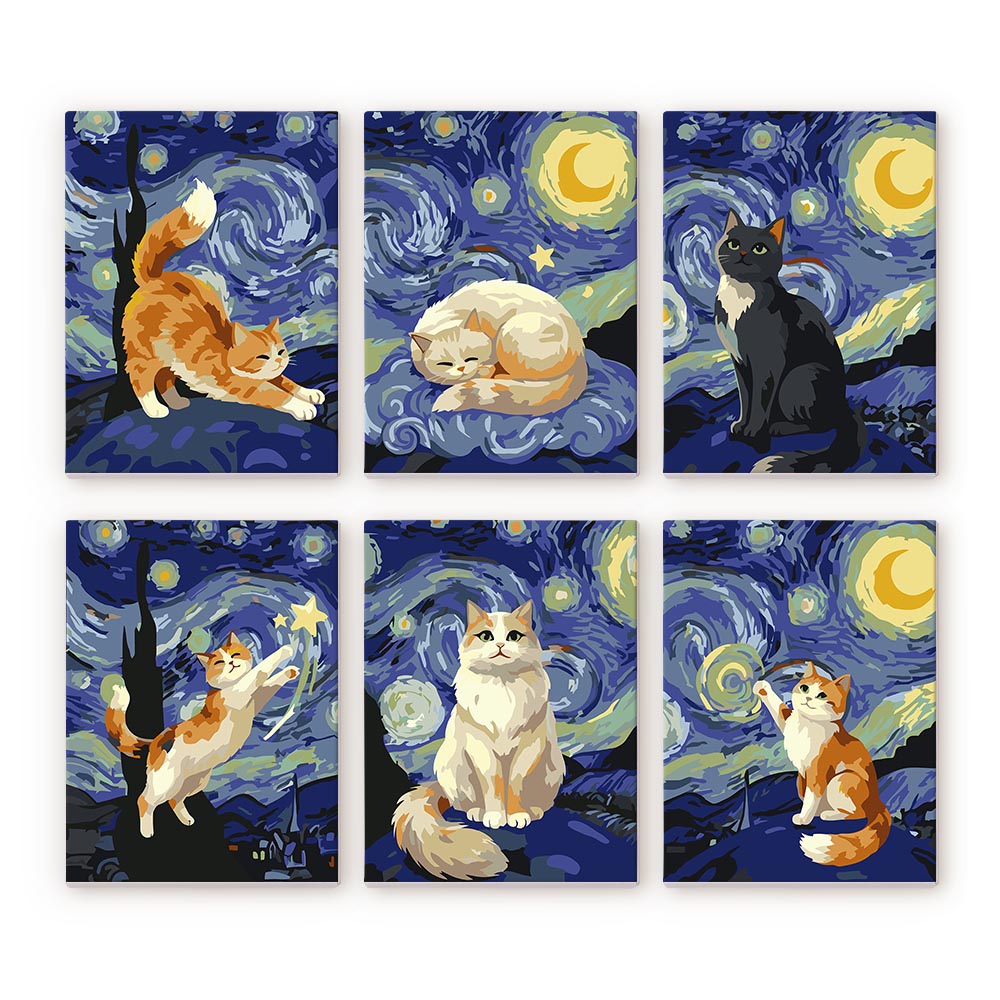 Mini Paint by numbers 6"x8" (6 pieces) - Starry Night Cats Figured'Art