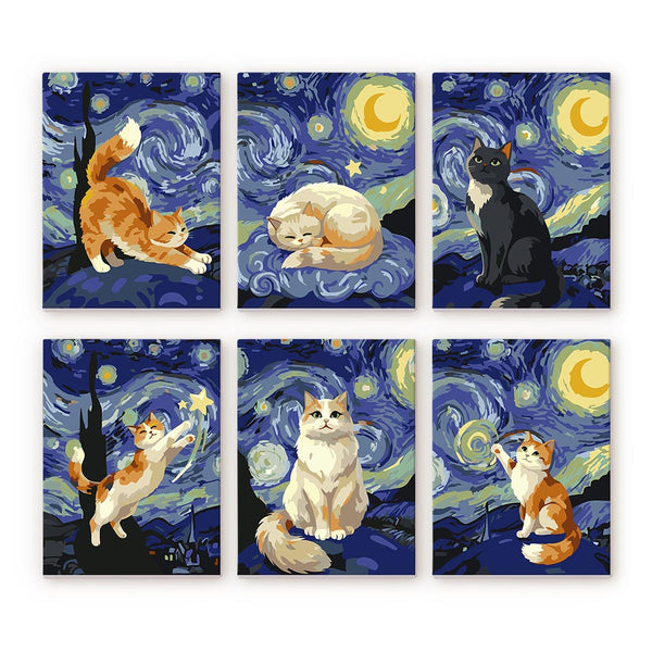 Mini Paint by numbers 6"x8" (6 pieces) - Starry Night Cats Figured'Art