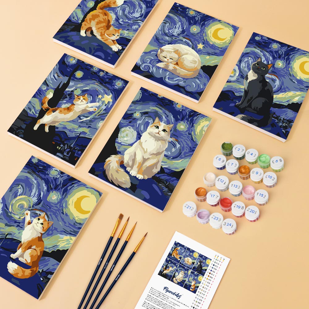 Mini Paint by numbers 6"x8" (6 pieces) - Starry Night Cats